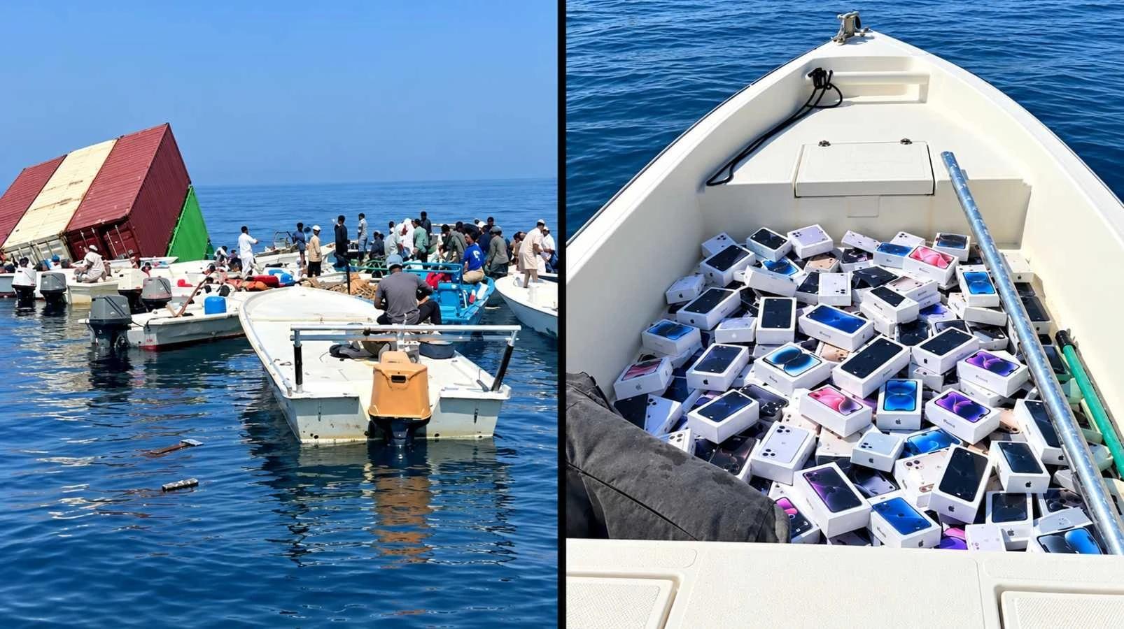 Đằm tàu chở 2.500 container, dân Iran đổ xô ra eo biển Hormuz vớt iPhone và nước hoa từ tàu đắm Đằm tàu chở 2.500 container, dân Iran đổ xô ra eo biển Hormuz vớt iPhone và nước hoa từ tàu đắm