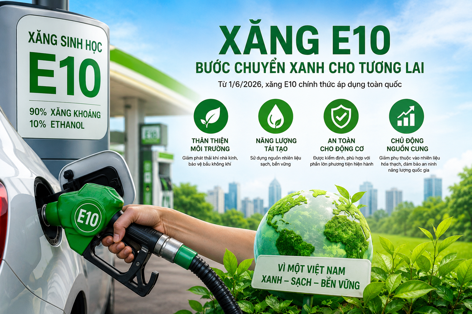 Xăng E10 chính thức thay thế RON95 trên toàn quốc từ ngày 1/6 Xăng E10 chính thức thay thế RON95 trên toàn quốc từ ngày 1/6