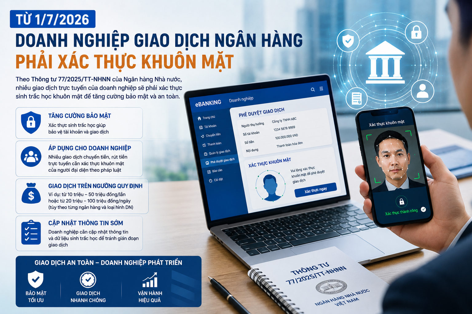 Doanh nghiệp giao dịch ngân hàng từ 1/7: Nhiều lệnh chuyển tiền bắt buộc xác thực khuôn mặt Doanh nghiệp giao dịch ngân hàng từ 1/7: Nhiều lệnh chuyển tiền bắt buộc xác thực khuôn mặt