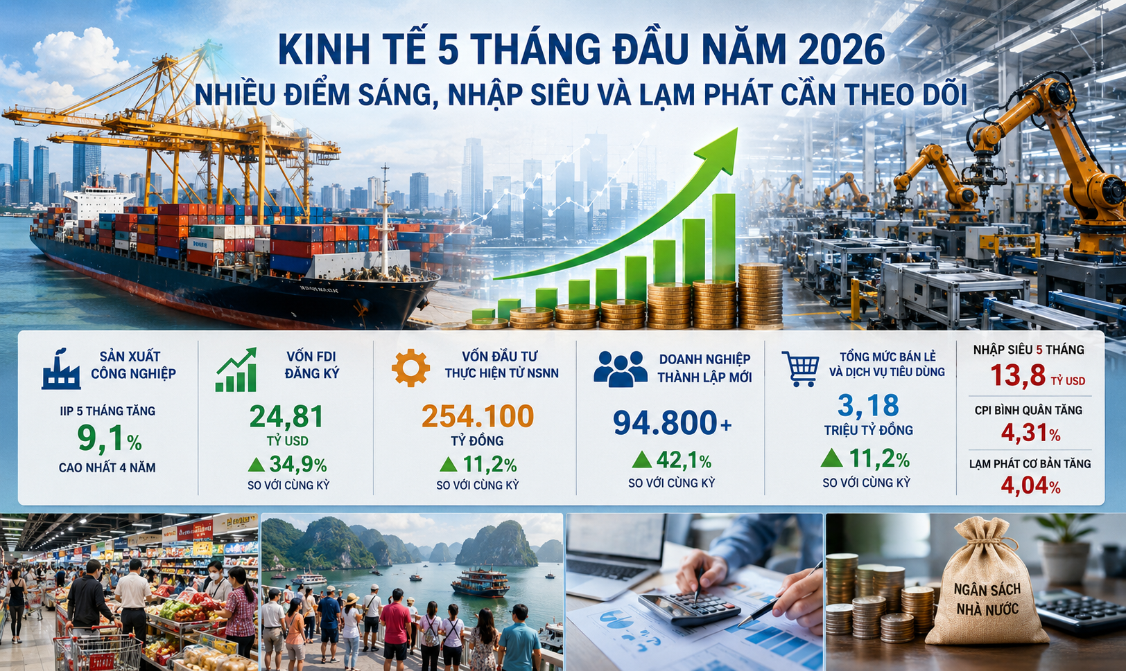 Kinh tế 5 tháng đầu năm tăng tốc mạnh mẽ, áp lực nhập siêu và lạm phát vẫn hiện hữu