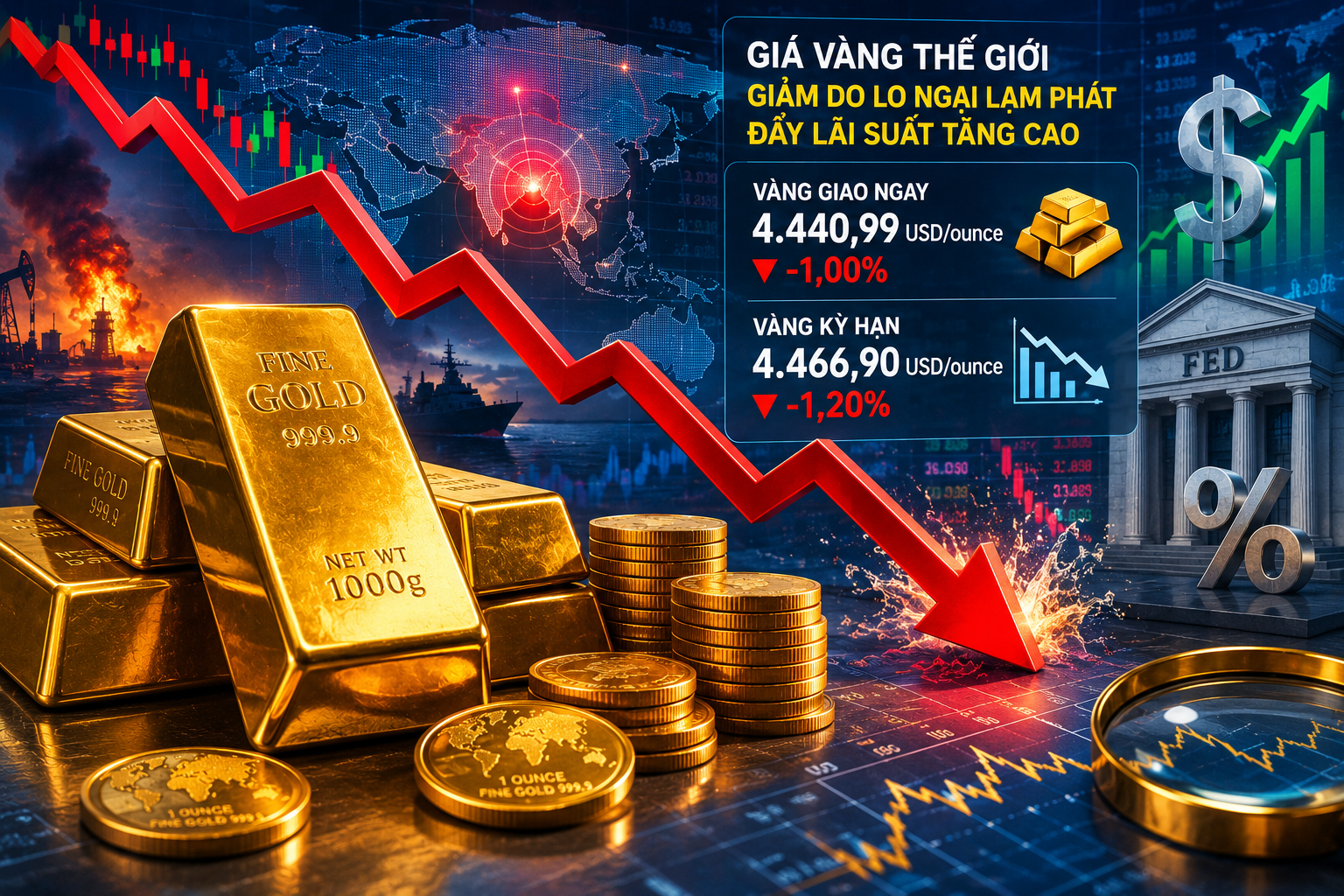 Giá vàng giảm khi nhà đầu tư lo ngại lạm phát và lãi suất neo cao
