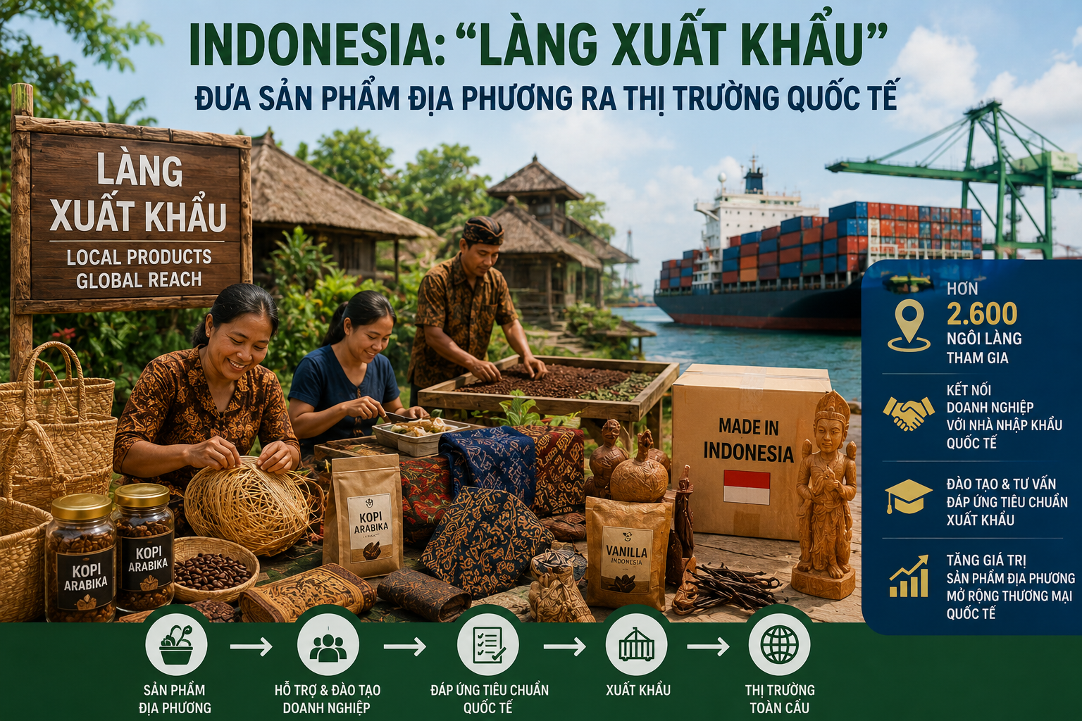 Indonesia thúc đẩy mô hình “Làng Xuất khẩu”, đưa đặc sản địa phương vươn ra thế giới Indonesia thúc đẩy mô hình “Làng Xuất khẩu”, đưa đặc sản địa phương vươn ra thế giới
