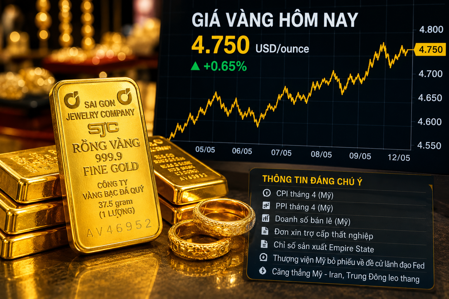 Giá vàng rung lắc mạnh trước loạt dữ liệu kinh tế Mỹ và căng thẳng địa chính trị