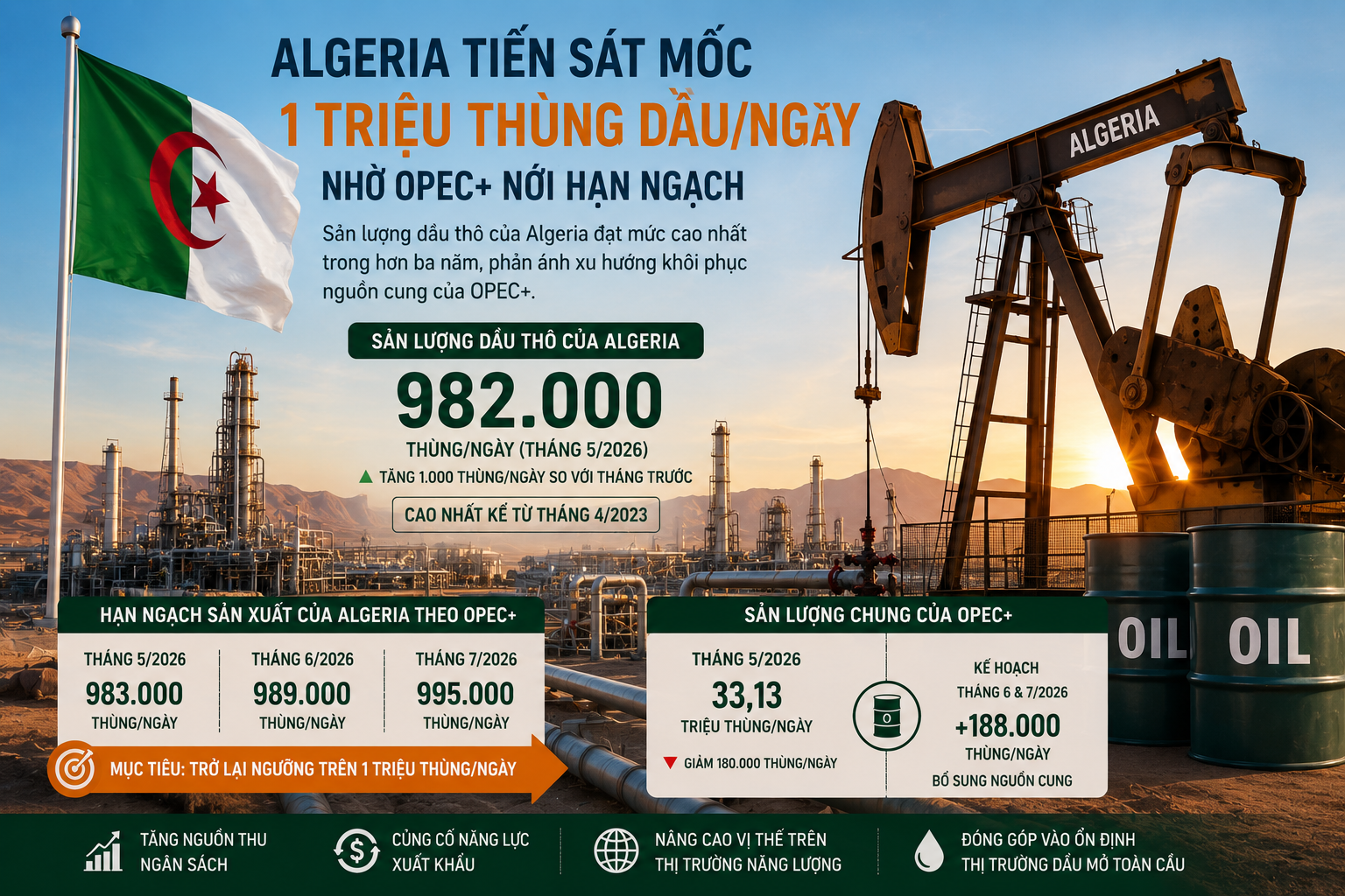 Sản lượng dầu thô của Algeria tiến sát mốc 1 triệu thùng dầu/ngày Sản lượng dầu thô của Algeria tiến sát mốc 1 triệu thùng dầu/ngày