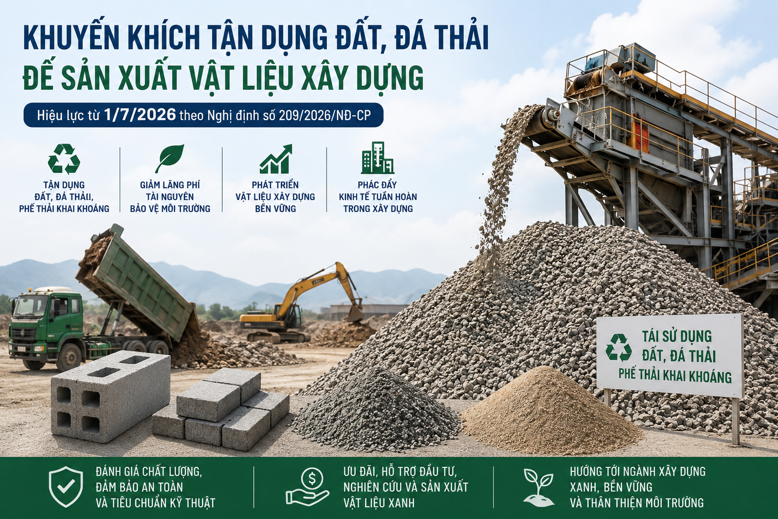 Mở đường cho vật liệu xây dựng xanh: Khuyến khích tận dụng đất, đá thải từ 1/7/2026