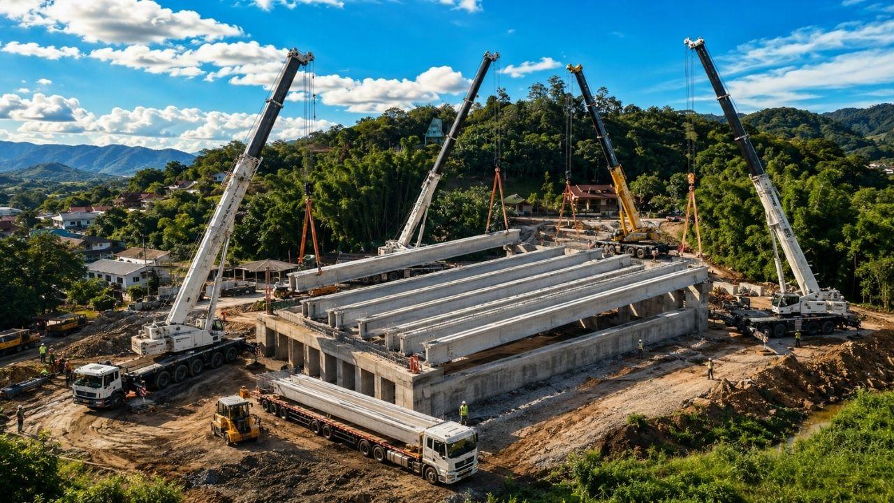 Huy động cần cẩu khổng lồ lắp 7 dầm bê tông nặng 82 tấn để xây cầu nối hai tuyến đường huyết mạch, vốn đầu tư hơn 10 tỷ đồng