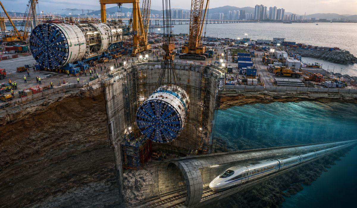 Huy động máy đào hầm TBM nặng 3.000 tấn, dài gần 100m để xây đường hầm dưới nước, mở đường cho dự án tàu cao tốc 320km/h