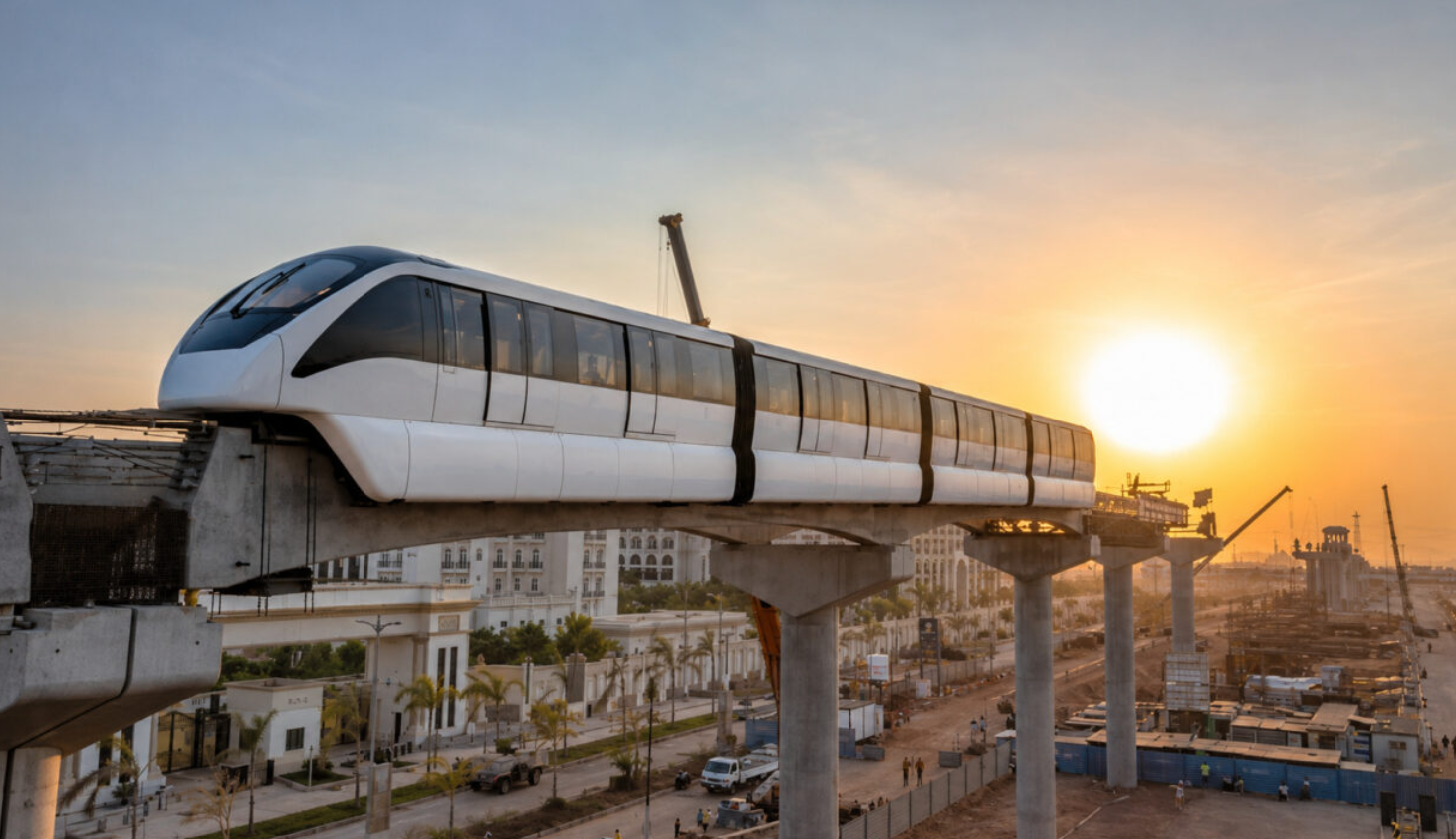 Huy động cần cẩu khổng lồ nâng dầm bê tông nặng 100 tấn để xây tuyến tàu điện 1 ray trên cao dài 100km, vốn đầu tư 144.000 tỷ đồng