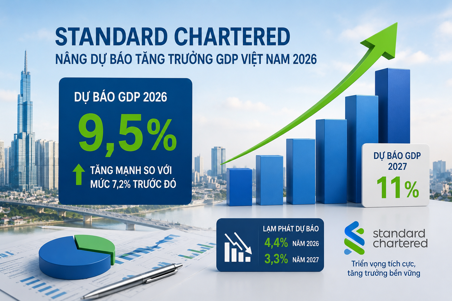 Standard Chartered lạc quan về kinh tế Việt Nam, nâng dự báo tăng trưởng GDP 2026 lên 9,5%