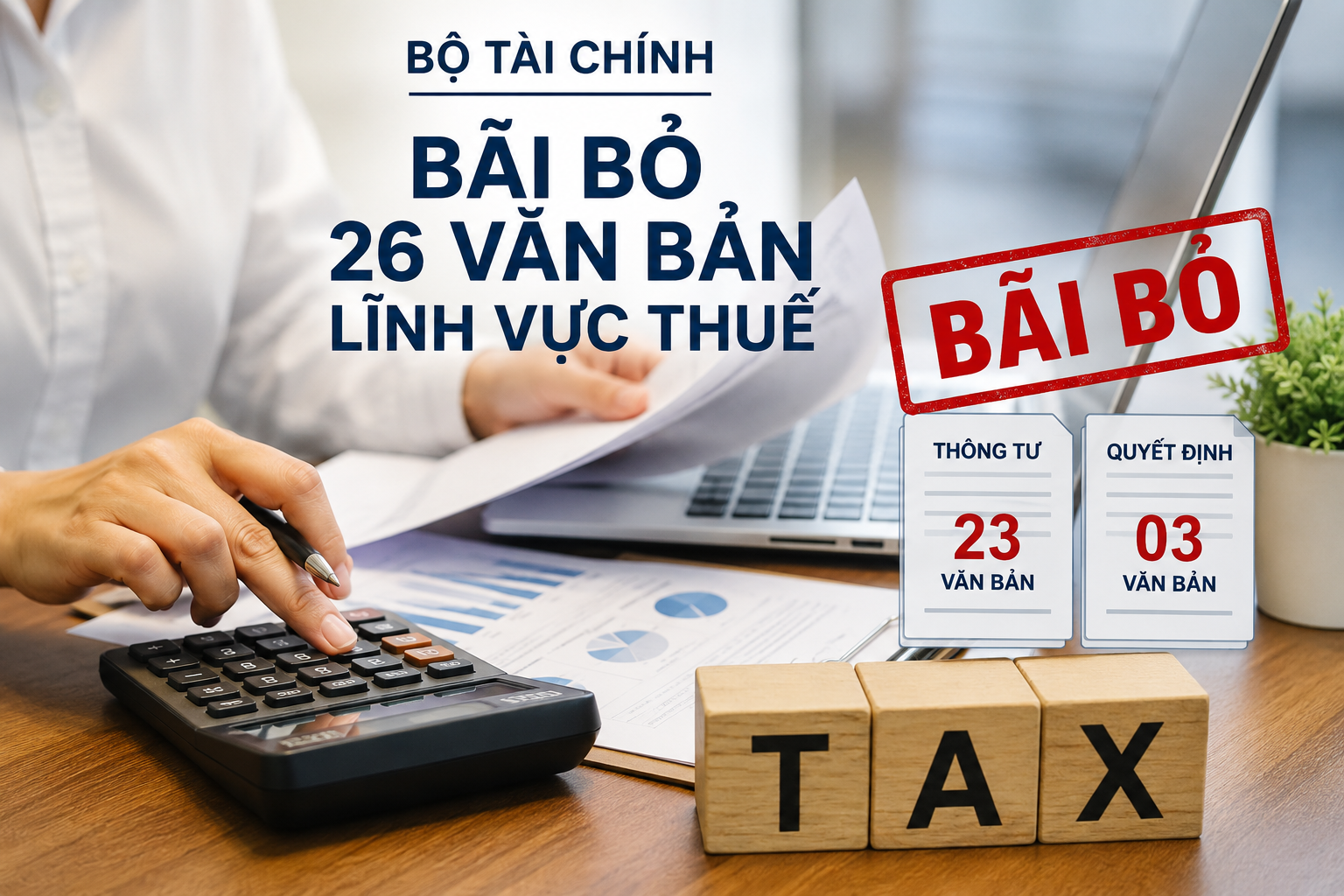 Bộ Tài chính đề xuất bãi bỏ 26 văn bản lĩnh vực thuế để đồng bộ pháp luật hiện hành Bộ Tài chính đề xuất bãi bỏ 26 văn bản lĩnh vực thuế để đồng bộ pháp luật hiện hành