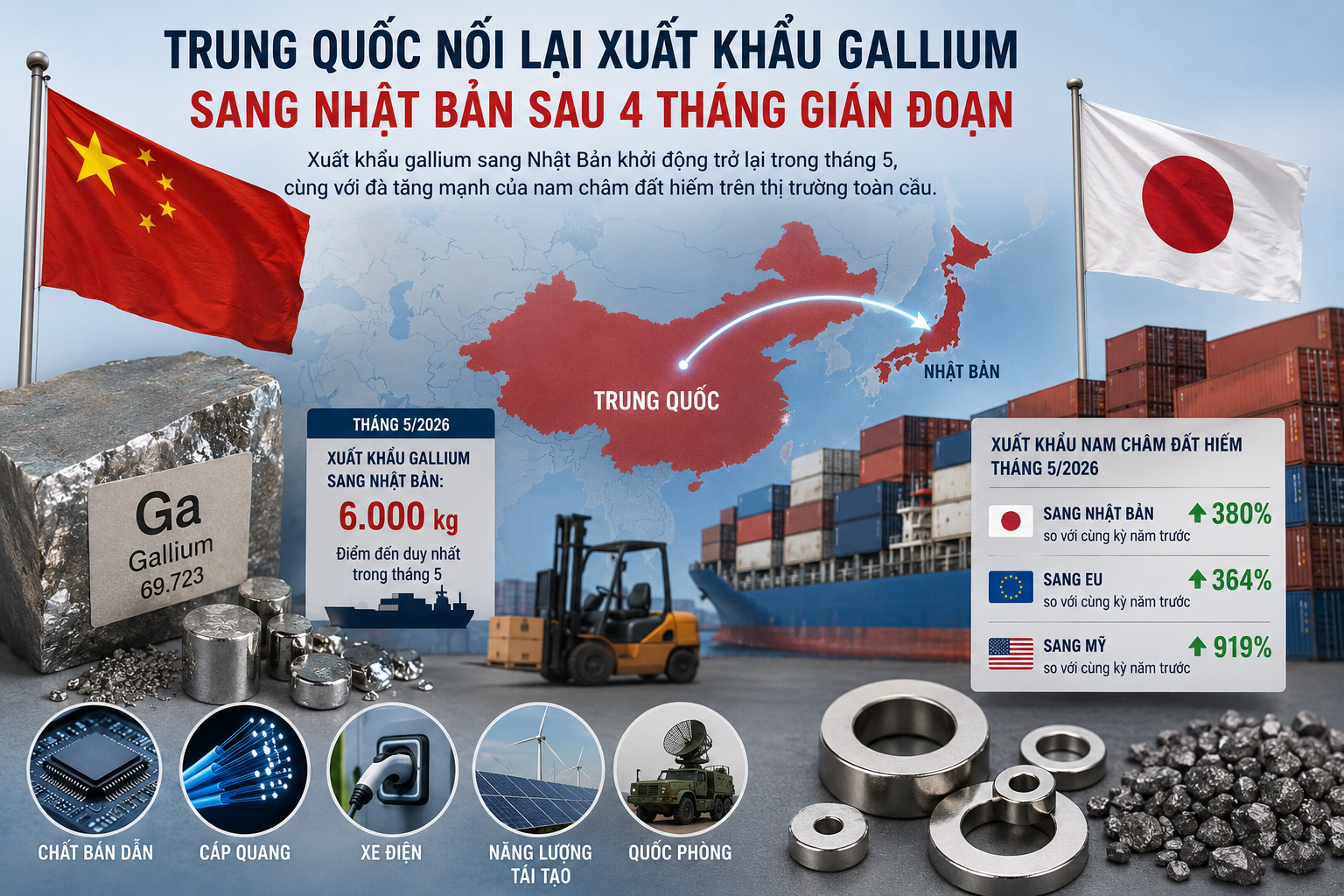 Trung Quốc nối lại xuất khẩu gallium sang Nhật Bản, tín hiệu hạ nhiệt trong chuỗi cung ứng công nghệ