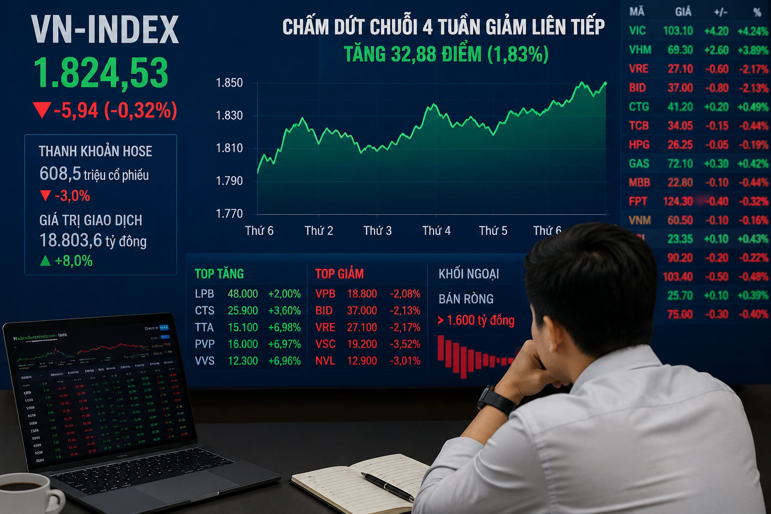 VN-Index tăng trở lại sau 4 tuần giảm, dòng tiền vẫn dè dặt và phụ thuộc cổ phiếu trụ