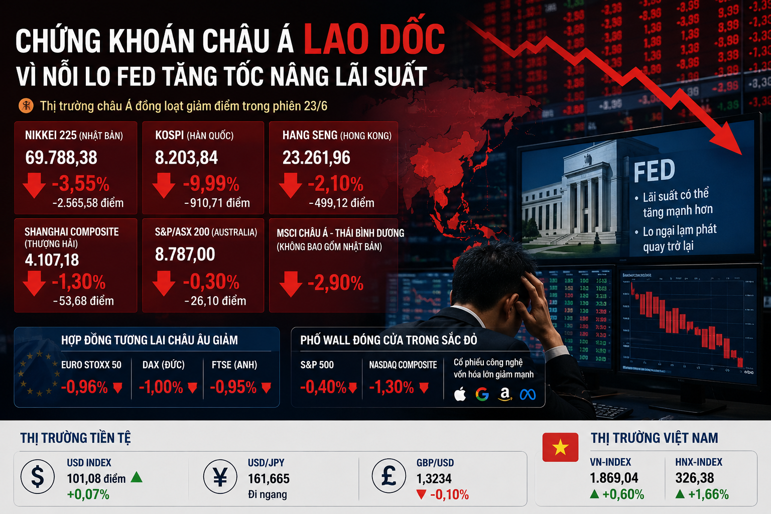 Chứng khoán châu Á lao dốc vì nỗi lo Fed tăng tốc nâng lãi suất Chứng khoán châu Á lao dốc vì nỗi lo Fed tăng tốc nâng lãi suất