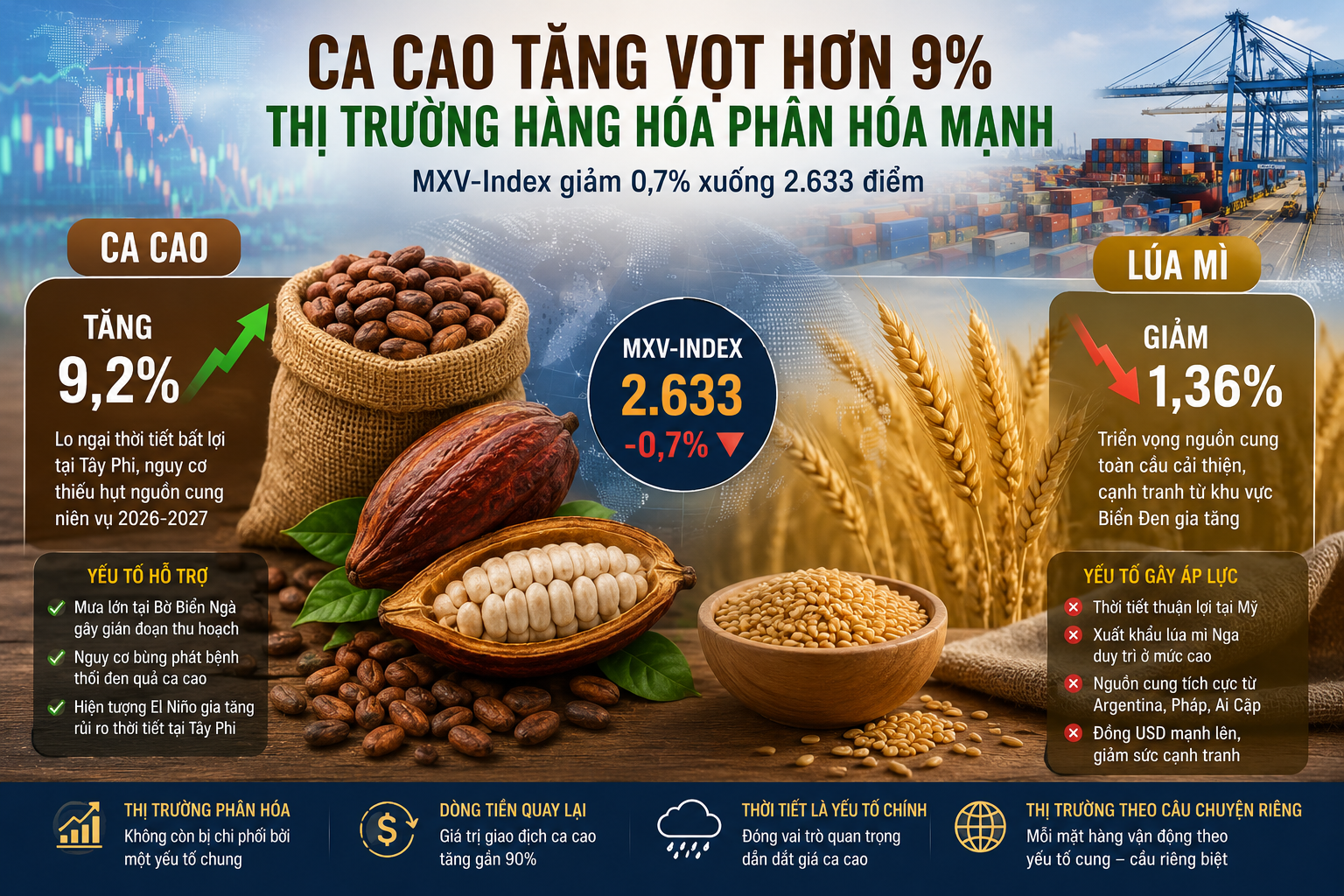 Ca cao tăng sốc hơn 9%, thị trường hàng hóa phân hóa mạnh trước biến động cung - cầu toàn cầu Ca cao tăng sốc hơn 9%, thị trường hàng hóa phân hóa mạnh trước biến động cung - cầu toàn cầu