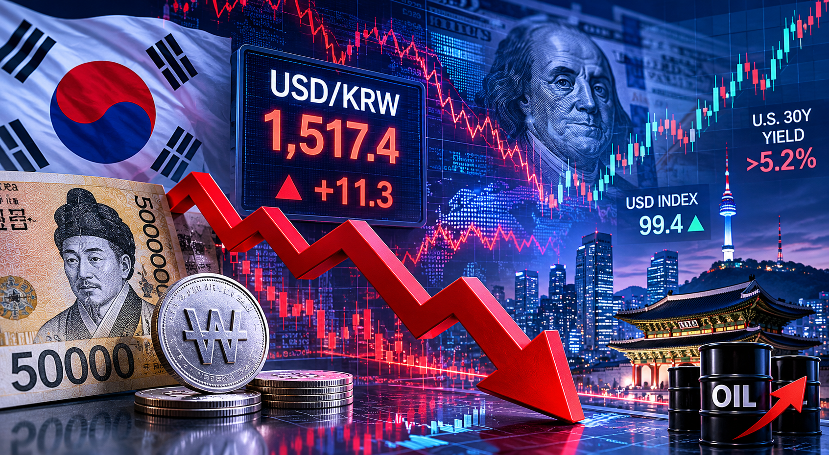 Đồng won lao dốc, thị trường tài chính Hàn Quốc đối mặt áp lực kép từ USD và giá dầu tăng