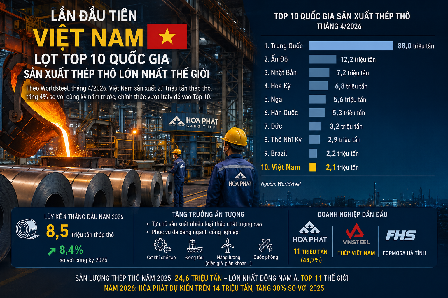 Ngành thép Việt Nam bứt phá, lần đầu vào Top 10 nhà sản xuất thép thô lớn nhất thế giới