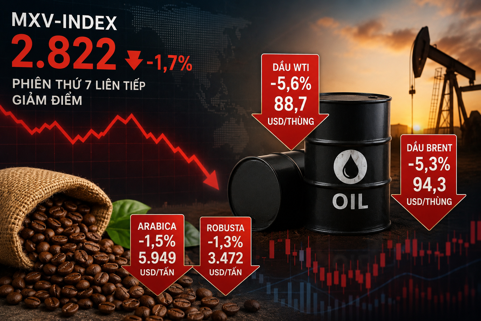 Giá hàng hóa thế giới đồng loạt lao dốc, MXV-Index kéo dài chuỗi giảm Giá hàng hóa thế giới đồng loạt lao dốc, MXV-Index kéo dài chuỗi giảm