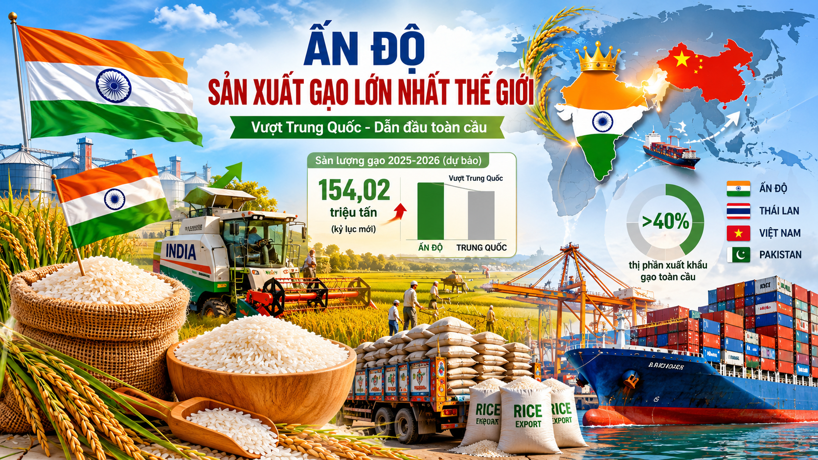 Ấn Độ vượt Trung Quốc, giữ ngôi vương sản xuất gạo toàn cầu
