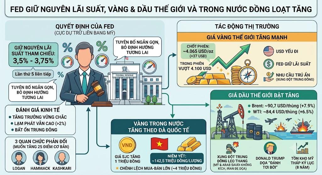 Fed giữ nguyên lãi suất, giá vàng, dầu đồng loạt tăng