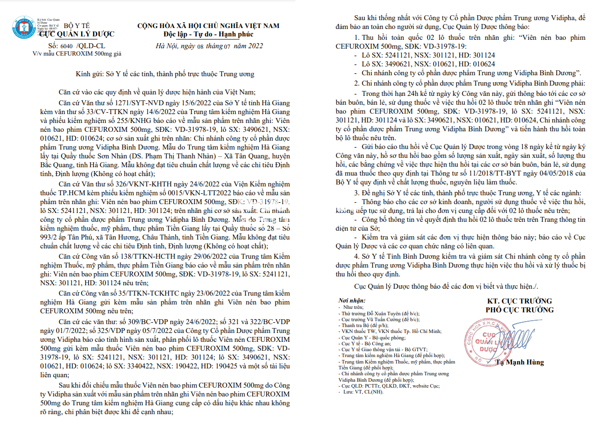 Thu hồi 02 lô thuốc Viên nén bao phim CEFUROXIM 500mg giả Thu hồi 02 lô thuốc Viên nén bao phim CEFUROXIM 500mg giả