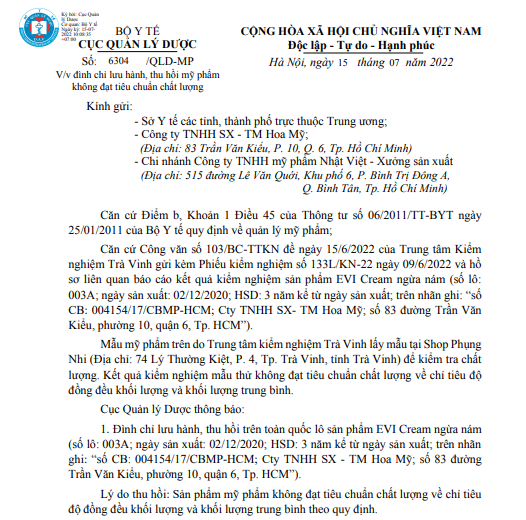 Thu hồi toàn quốc mỹ phẩm EVI Cream ngừa nám do không đạt chất lượng