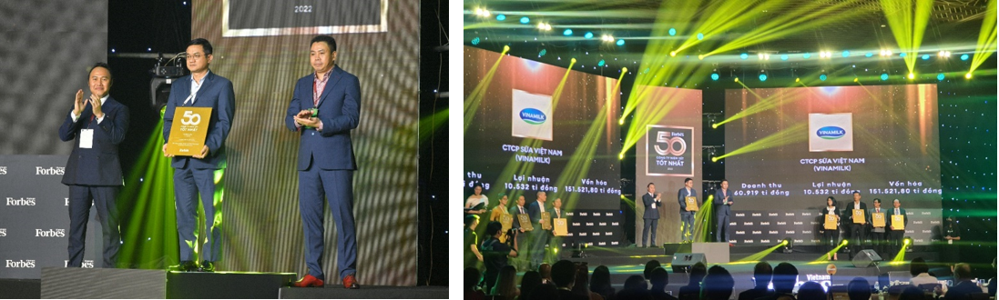 Ông Nguyễn Quang Trí – Giám đốc Điều hành Marketing của Vinamilk đại diện nhận giải thưởng Top 50 công ty niêm yết tốt nhất Việt Nam 2021 từ Forbes Việt Nam