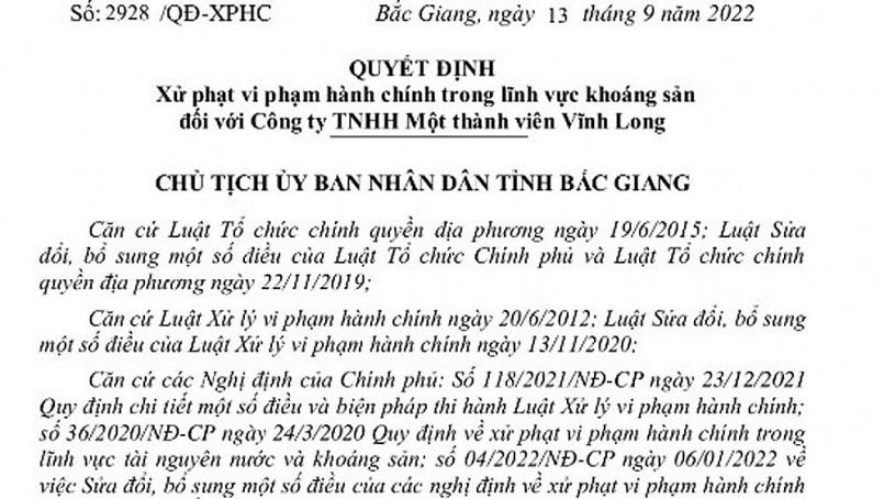 Quyết định xử phạt đối với Công ty TNHH Một thành viên Vĩnh Long Quyết định xử phạt đối với Công ty TNHH Một thành viên Vĩnh Long