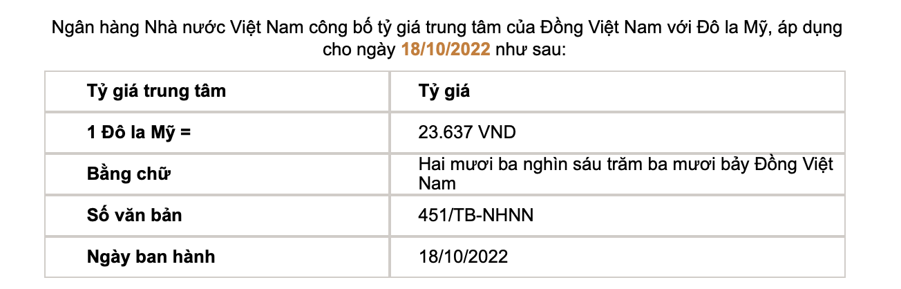 Tỷ giá trung tâm cặp đồng tiền VND/USD được Ngân hàng Nhà nước công bố áp dụng trong ngày 18/10 Tỷ giá trung tâm cặp đồng tiền VND/USD được Ngân hàng Nhà nước công bố áp dụng trong ngày 18/10