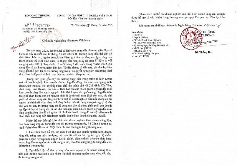 Công văn của Bộ Công Thương gửi Ngân hàng Nhà nước.