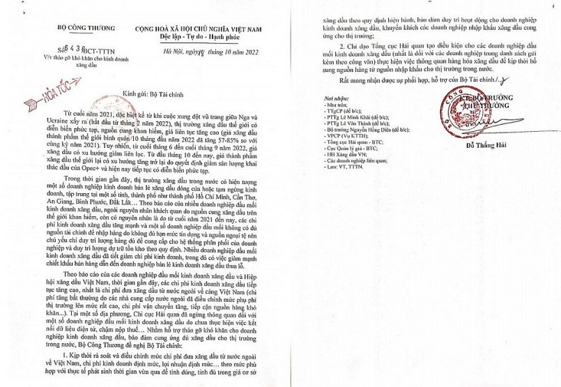 Công văn của Bộ Công Thương gửi Bộ Tài chính.