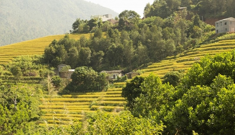 Những ngôi nhà thấp thoáng trên sườn núi tạo nên vẻ yên thơ và trữ tình của vùng đất Bình Liêu.