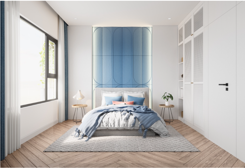 Ánh sáng tự nhiên cũng được đưa vào phòng ngủ thông qua cửa sổ vách kính lớn.