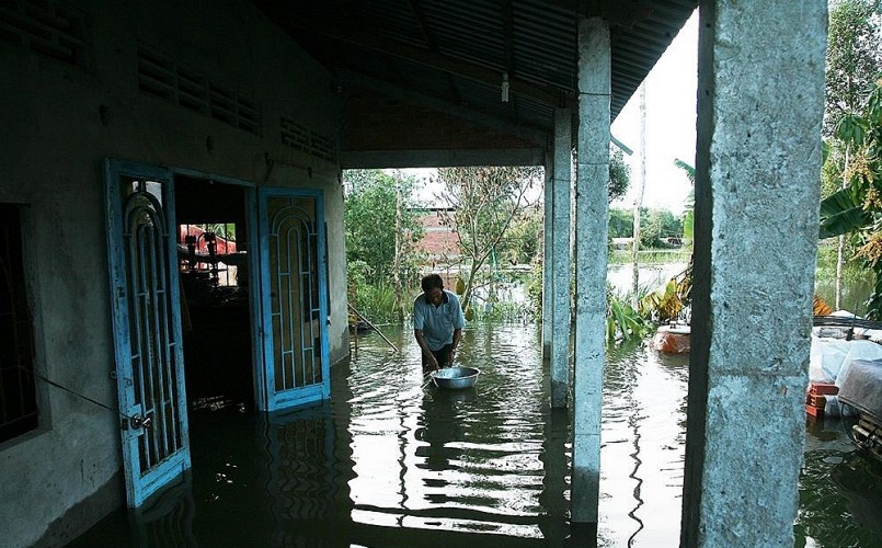 Người đàn ông thả lưới bắt cá ngay trên hàng hiên nhà mình. Chủ nhà mang thau nhôm thả nổi trên mặt nước, đi lần dọc theo đường lưới gỡ cá. Chỉ một lúc sau, số cá mắc lưới, chủ yếu là cá linh nhỏ, đủ nấu nồi canh chua dọc mùng đãi khách.
