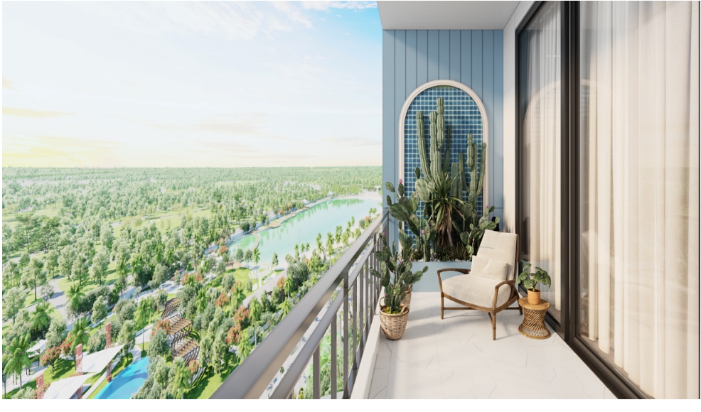 Kể cả với căn hộ studio hay căn hộ 1 phòng ngủ + 1 có diện tích khiêm tốn thì chủ đầu tư cũng dành quỹ đất khoảng 3 – 4m2 cho khu vực ban công. Chỉ cần bố trí một chút tiểu cảnh và ghế tựa, gia chủ có thể hô biến ban công thành góc đọc sách, ngắm phố phường cực thư giãn.