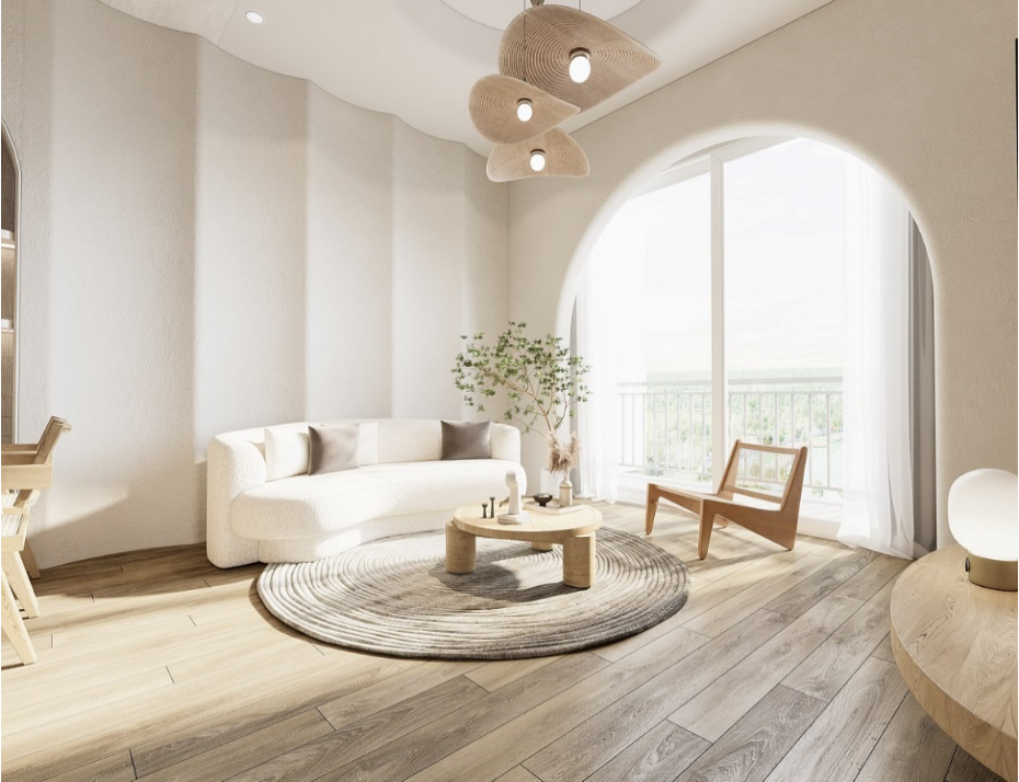 Khu vực phòng khách nối liền ra ban công, gia chủ có thể cách điệu ô kính vuông bằng khung vòm và lựa chọn những set đồ phòng khách mềm mại, trang nhã, đậm chất Á Đông, mang đến một không gian vô cùng nhẹ nhàng, thư thái.