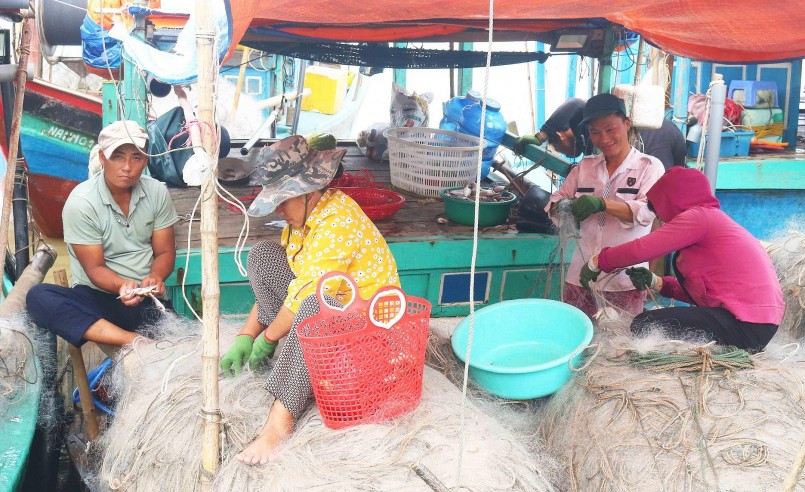 Gỡ ghẹ mắc trong lưới đòi hỏi sự kiên trì, tỉ mỉ để ghẹ không bị gãy chân, lưới ít bị đứt, hỏng. Nhiều khi để gỡ được 1 con ghẹ ra khỏi lưới phải cắt cả một khoảng lưới. Do đó, lưới săn ghẹ khá mau hỏng, sau 5 - 7 chuyến ra khơi đã phải thay lưới mới. Ảnh: Huy Thư