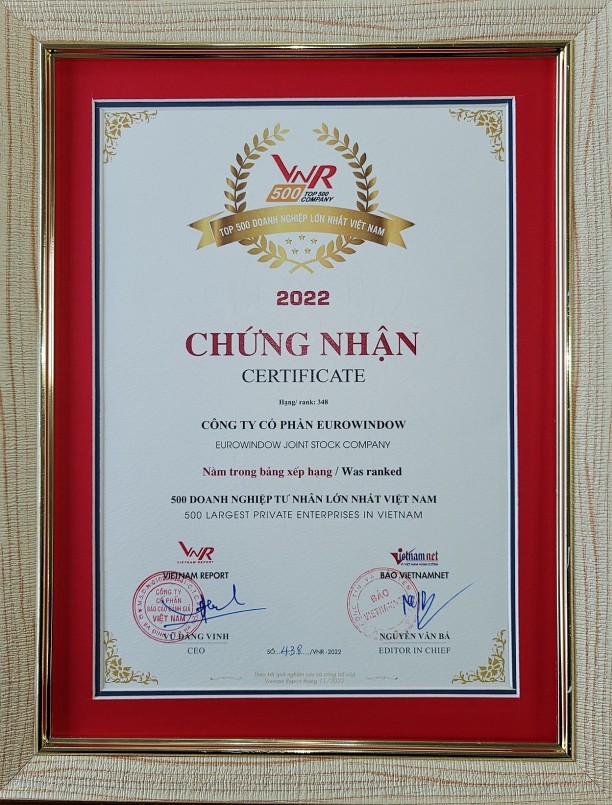Chứng nhận Top 500 doanh nghiệp tư nhân lớn nhất Việt Nam. Chứng nhận Top 500 doanh nghiệp tư nhân lớn nhất Việt Nam.