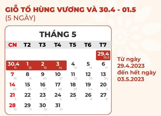 Nghỉ liên tục 5 ngày dịp Giỗ tổ Hùng Vương liền kề ngày 30/4 - 1/5