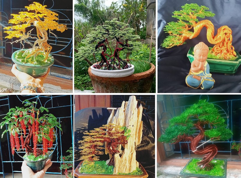 Những cây bonsai được làm nên từ dây đồng, dây nhôm của nữ 9X Phạm Thị Thật. Những cây bonsai được làm nên từ dây đồng, dây nhôm của nữ 9X Phạm Thị Thật.