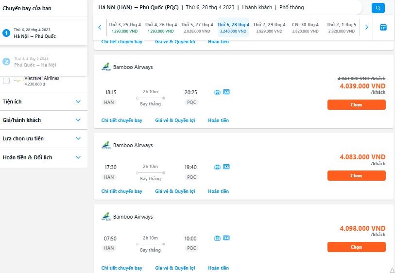 Giá vé máy bay nội địa từ Hà Nội - Phú Quốc tăng mạnh vào dịp lễ (ảnh chụp màn hình).