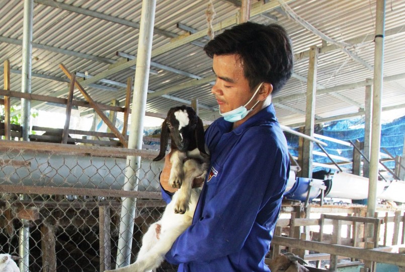 Anh Thành bên mô hình nuôi dê của gia đình