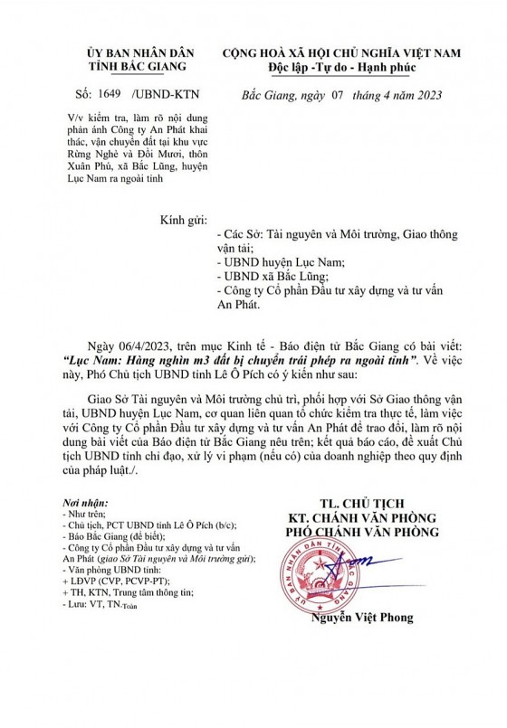 UBND tỉnh Bắc Giang yêu cầu làm rõ việc doanh nghiệp vận chuyển khoáng sản ra ngoài tỉnh