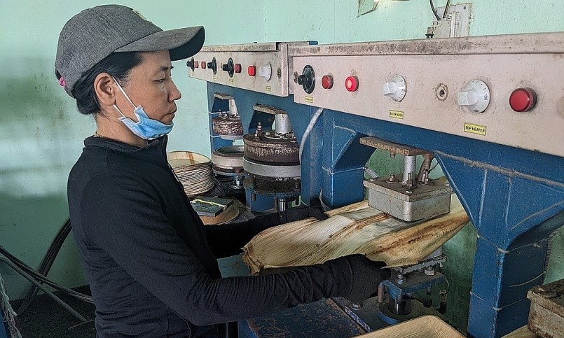 Mo cau được đưa vào máy ép nhiệt để tạo hình thành chén, đĩa, muỗng, khay đựng cơm.