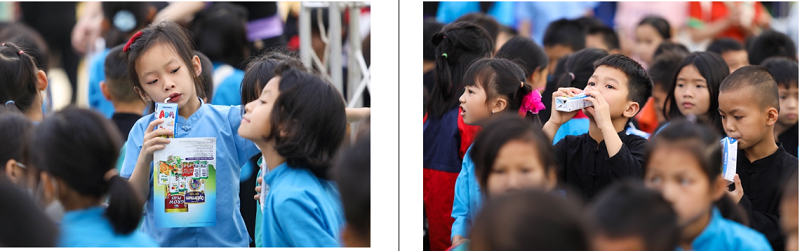 Các em học sinh trường tiểu học Húc Động thỏa thích thưởng thức những Hộp sữa thơm ngon tại sự kiện 