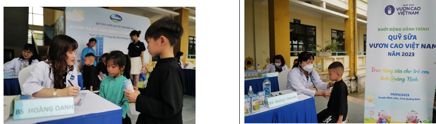 Các em học sinh tại trường tiểu học Húc Động được các bác sĩ của Vinamilk thăm khám sức khỏe và dinh dưỡng. 