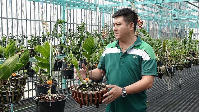 Trồng lan trên mái nhà chỉ là nghề phụ nhưng mỗi tháng anh Quyền có thêm nguồn thu nhập trên 30 triệu đồng.