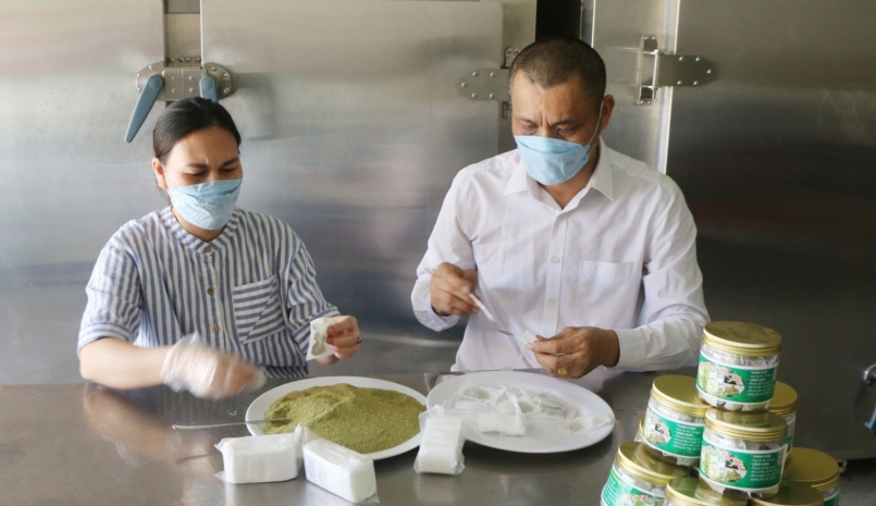 Đóng trà hoa đu đủ thành phẩm vào các túi lọc