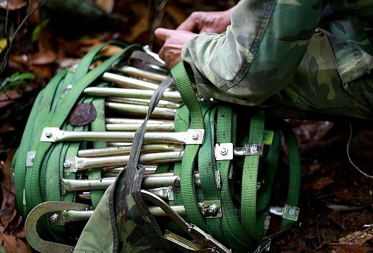 Để lấy được tổ ong này, nhóm thợ săn ong phải dùng thang dây đã chuẩn bị trước.