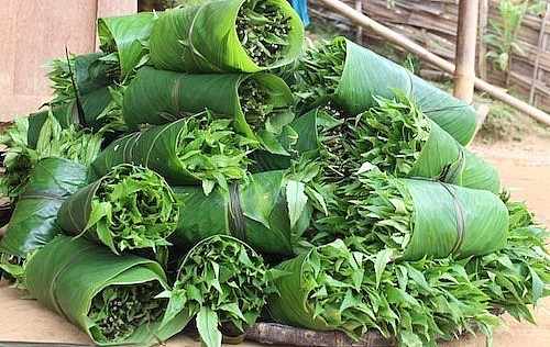 Người dân hái rau lủi rừng rồi gói vào lá dong cho tươi và bán trong ngày.