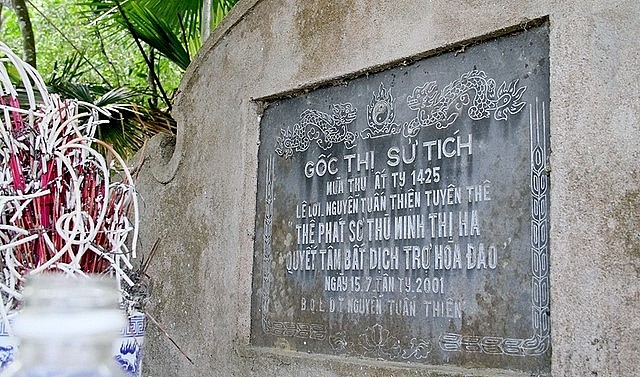 Bia đá chỉ rõ gốc thị là chứng tích của một lời thề quyết tâm đánh đuổi giặc Minh của nghĩa quân Lam Sơn.